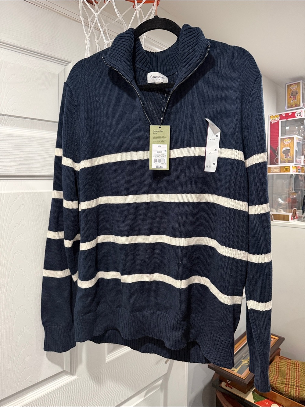 Goodfellow & Co Navy and White Striped Quarter-Zip Sweater